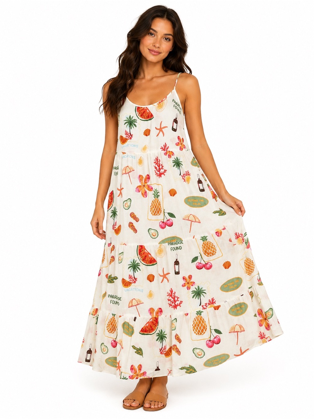 Sleeveless Tropical Print Maxi Dress - Cream